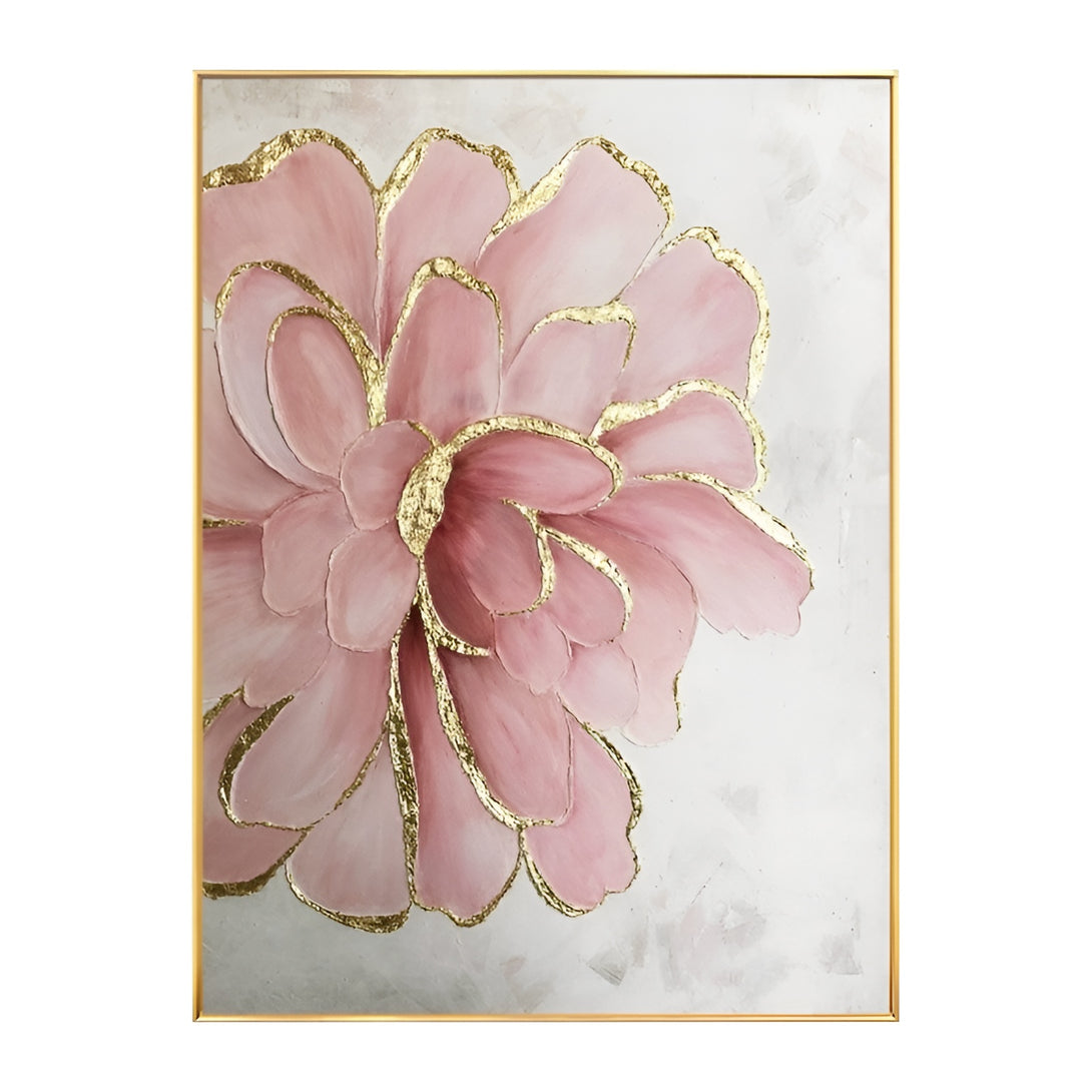 A large vertical painting featuring a big blooming pink flower with gold edges against a white backdrop 