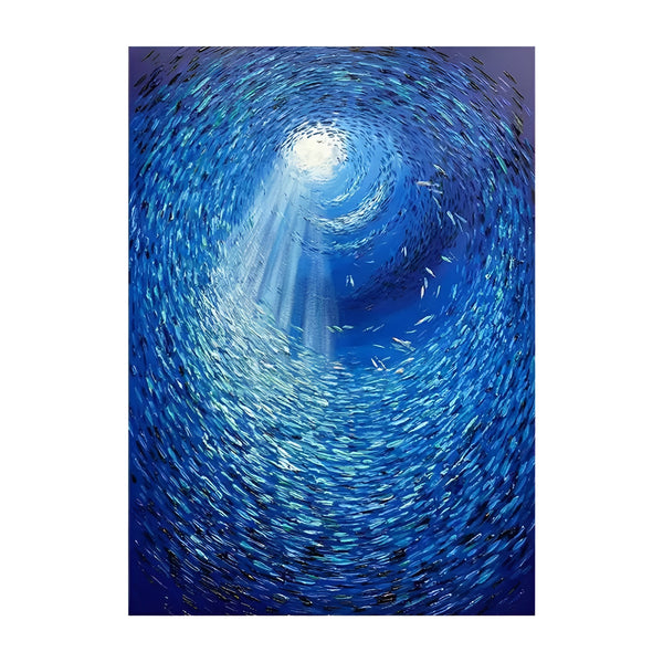 A large vertical blue painting with a large swarm of fish swirling upwards in the deep blue sea. 