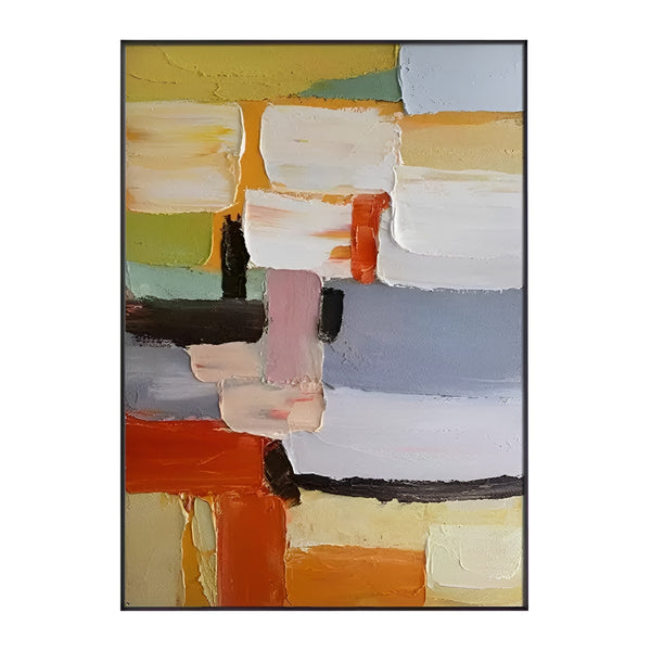 A large textured painting mixing yellow, white, orange, grey, pink, red and orange, and green shades. 