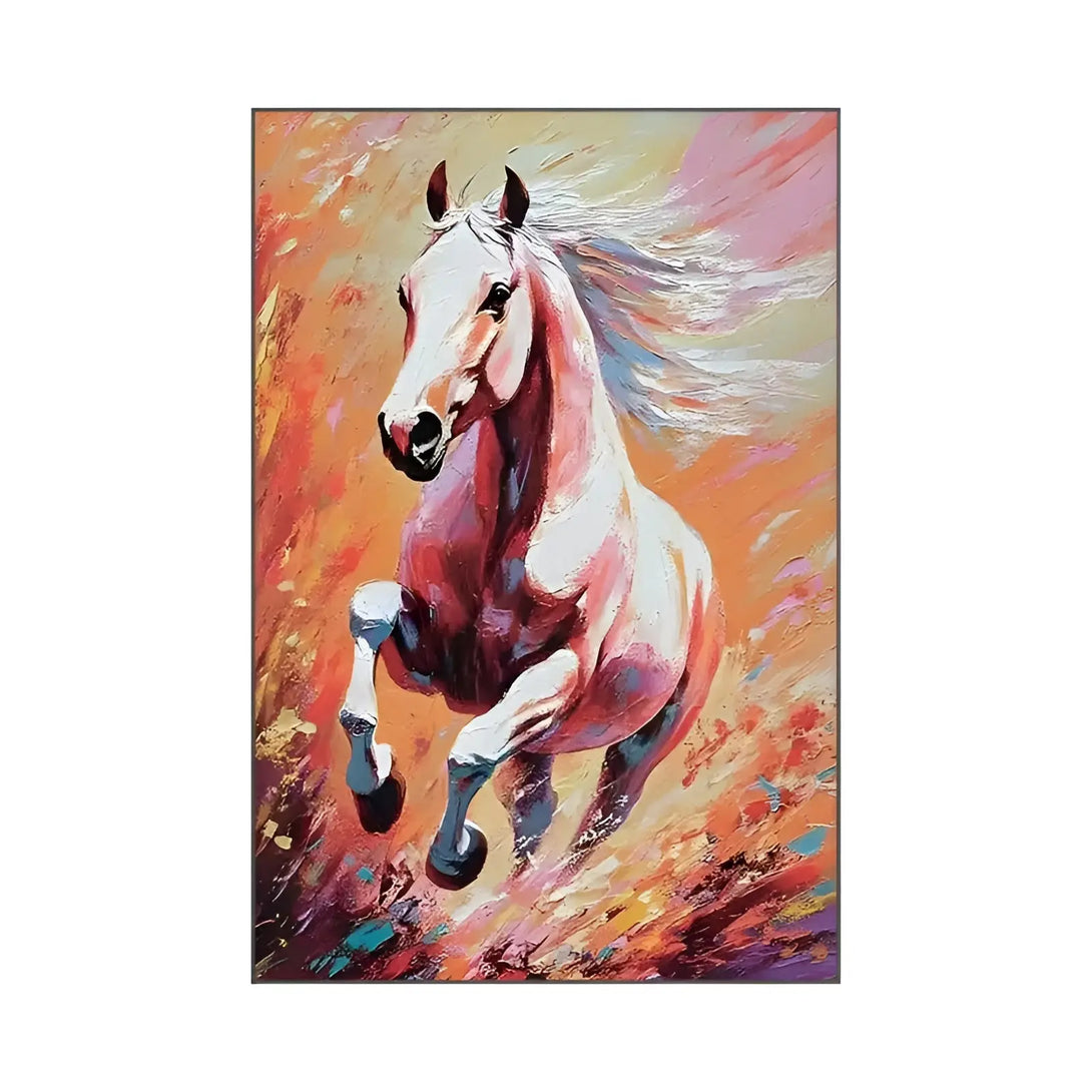 A large vertical wall art of an horse with white and blue mane and hooves in striking pose against the orange backdrop 
