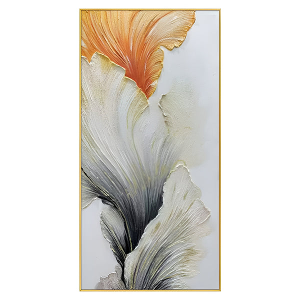 A large long textured wall art depicting ginkgo leaves in grey, white and orange.
