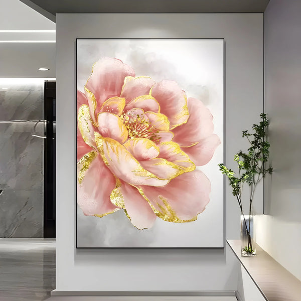 Pink and gold abstract flower painting with textured design and a vertical orientation.