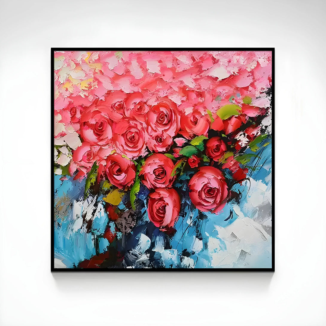 Red and blue abstract rose acrylic painting with dynamic brushstrokes on a square canvas by Adi Cheng.