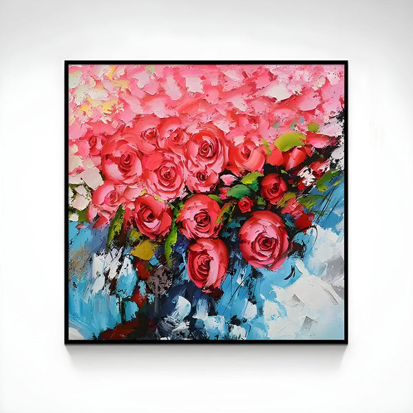 Red and blue abstract rose acrylic painting with dynamic brushstrokes on a square canvas by Adi Cheng.