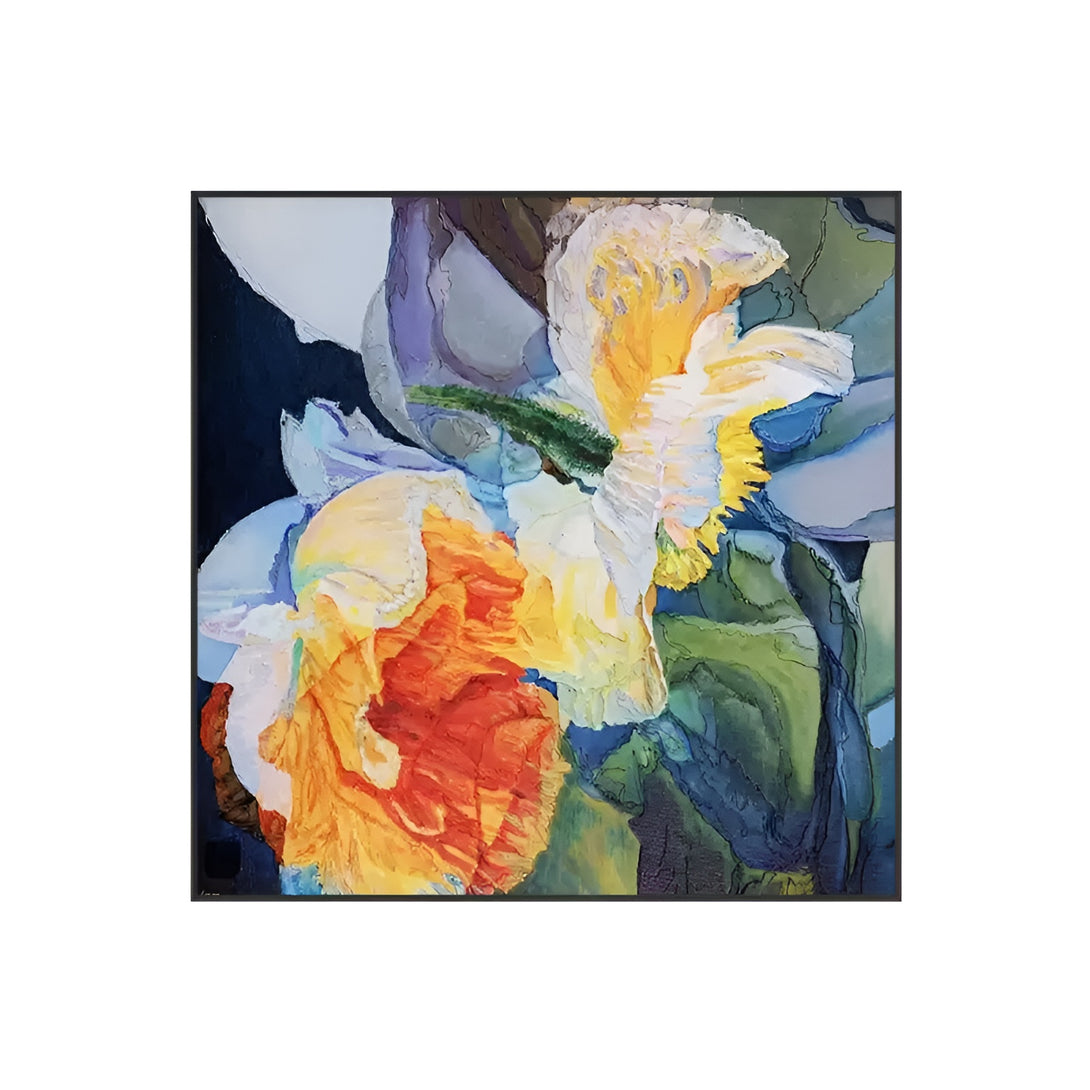  A large square painting with 2 yellow blooming flowers, complete with green and blue rhizomes.  