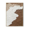 A vertical abstract textured Wabi-Sabi art showcasing ocean waves in white and beach in brown. 