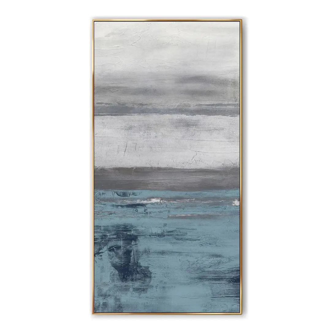 A large textured plaster wall art on canvas, depicting river, bank, sky. 