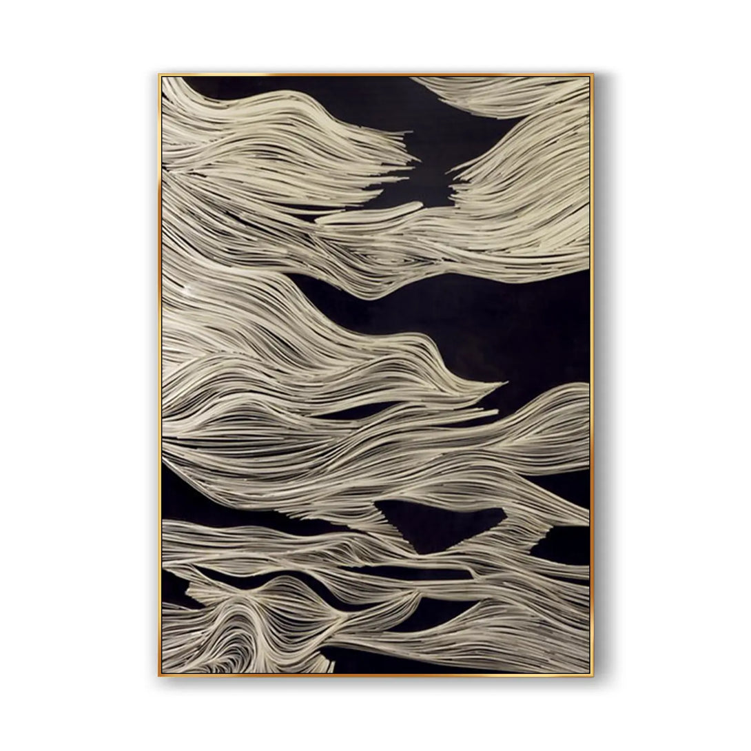 A large, textured plaster wall art on canvas, in a black-and-white minimalist style. It can be hung vertically and horizontally. 