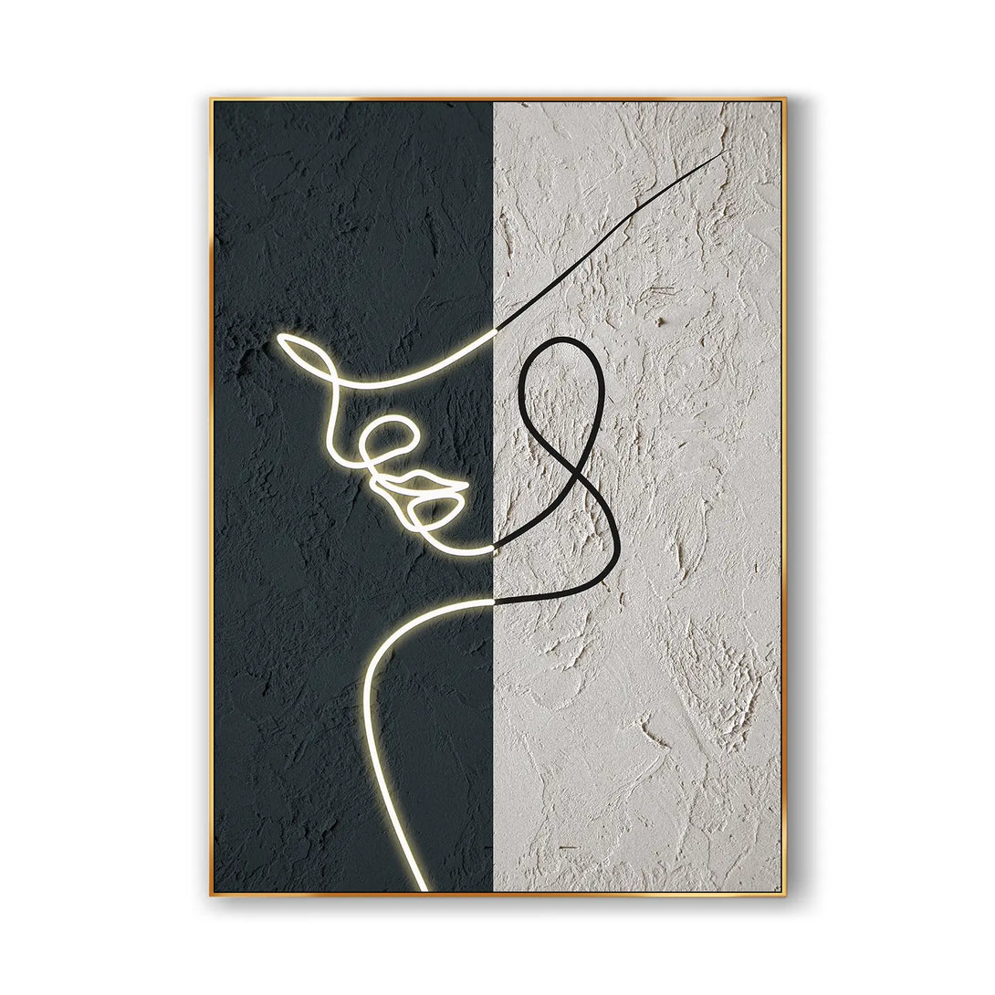 A large, vertical, textured plaster wall art on canvas, in minimalist black, white and yellow. 