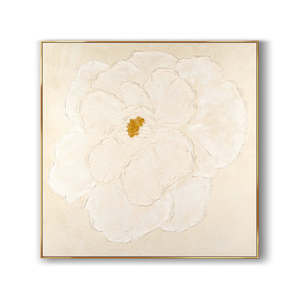 A large, square, textured plaster wall art on canvas, in minimalist white, featuring a big flower 