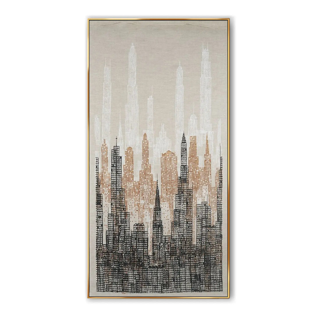 A large, vertical textured plaster wall art, made from acrylic,  depicting high-density skyscrapers in red, white and black. 
