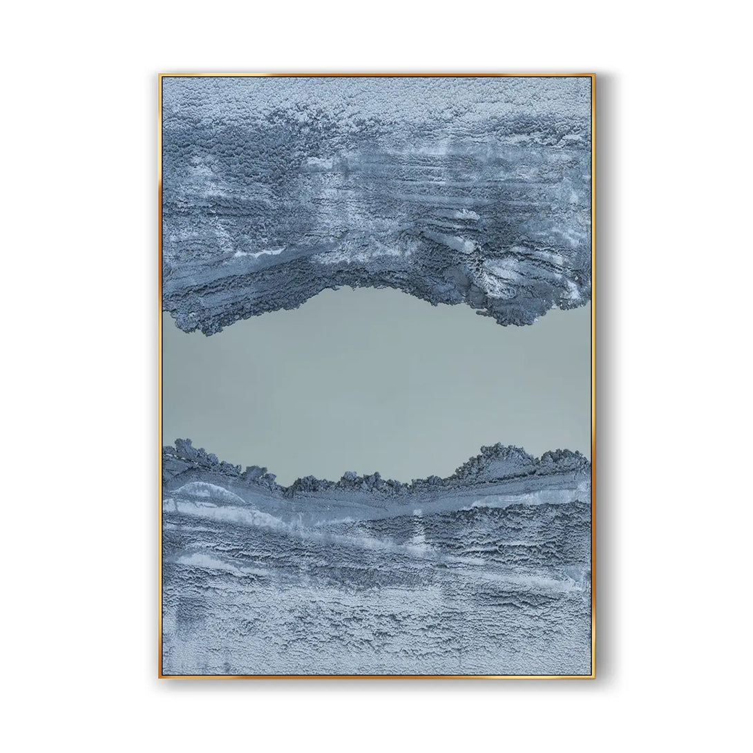 A large textured plaster wall art, made from acrylic and quartz sand showing two mountains in blue and a river flowing in between. 