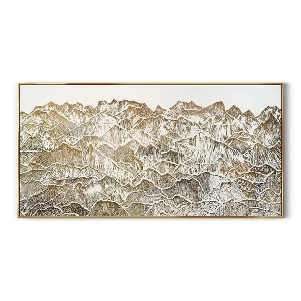 A large, horizontal textured plaster wall art, made from acrylic,  depicting white snowy mountain ranges illuminated by the sunlight 