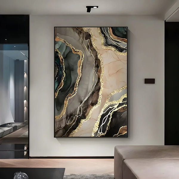 Transform your space with this contemporary brown marble acrylic art, featuring brown patterns, beige swirls and gold detailing, ready to impress any design lover.