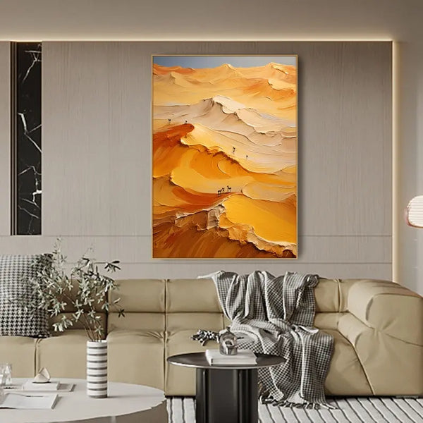 Vertical impasto painting of layered desert dunes in rich orange, yellow, and beige tones