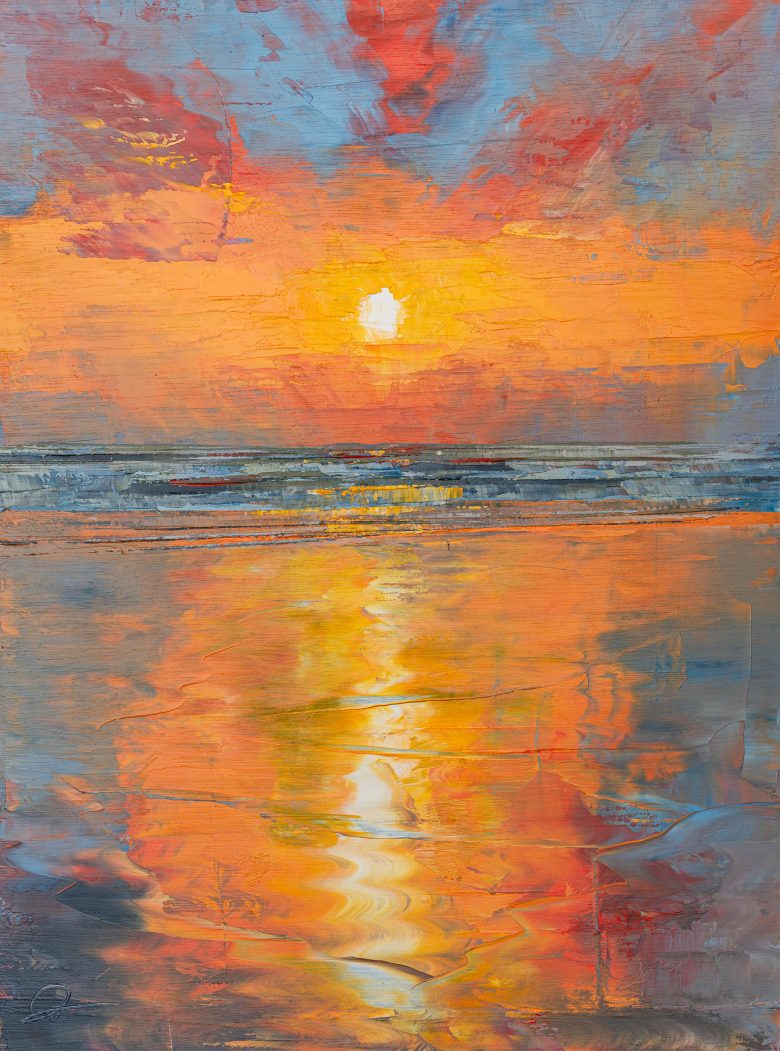 A large vertical painting of the beach and sea glittering under the orange sunset 