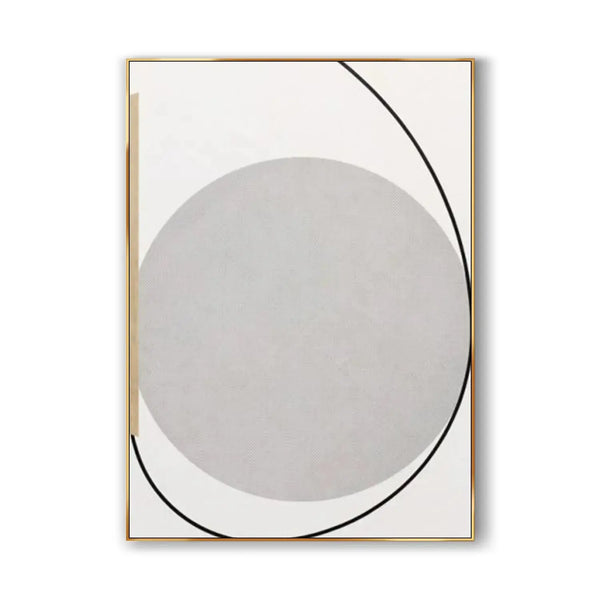 An abstract contemporary minimalist art with a grey circle against a white backdrop, with a black curve in between. 