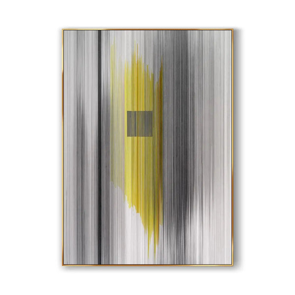 A contemporary minimalist art in white with black and yellow vertical lines 