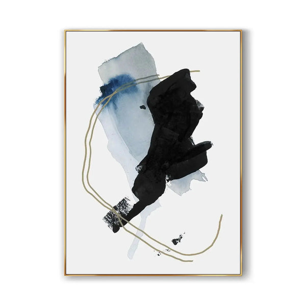 An abstract minimalist art with blue and black shades, and several beige lines against a white backdrop. 