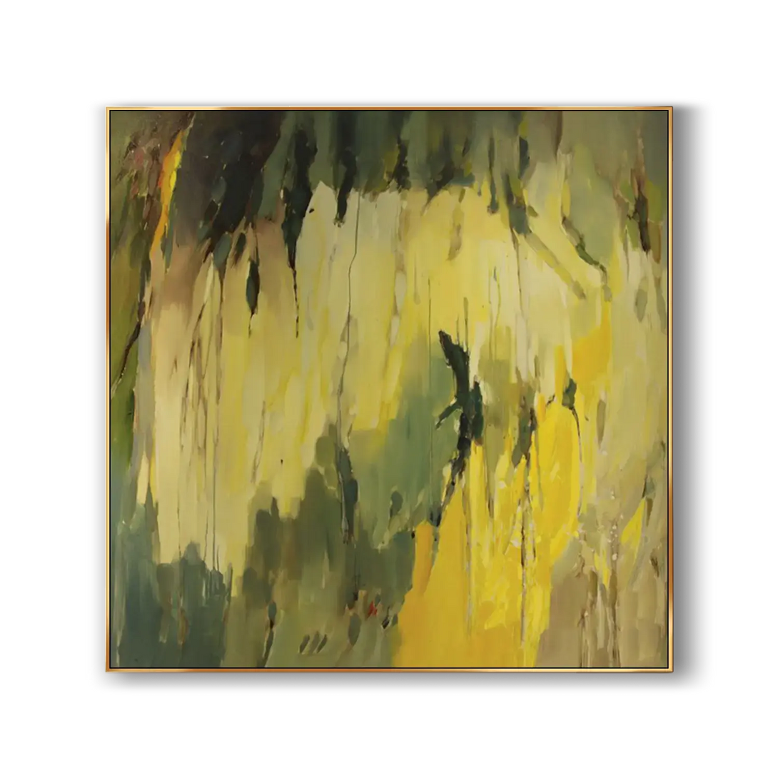 A yellow and green painting of a tree and leaves on canvas