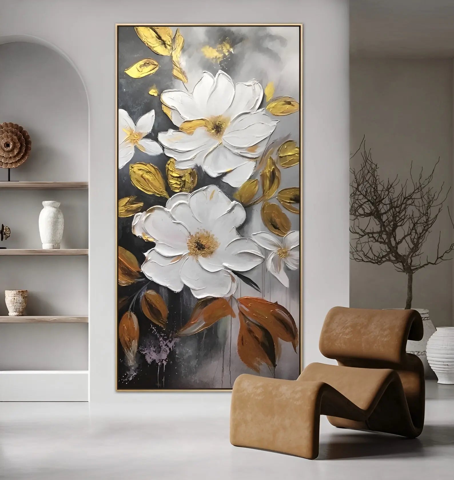 Abstract white & gold painting PA#097 | 3D Textured floral