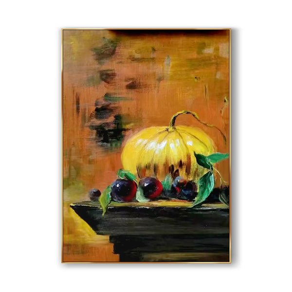  large vertical painting featuring a colorful arrangement of grapes and a bright yellow pumpkin, elegantly displayed on a rich dark green table.  
