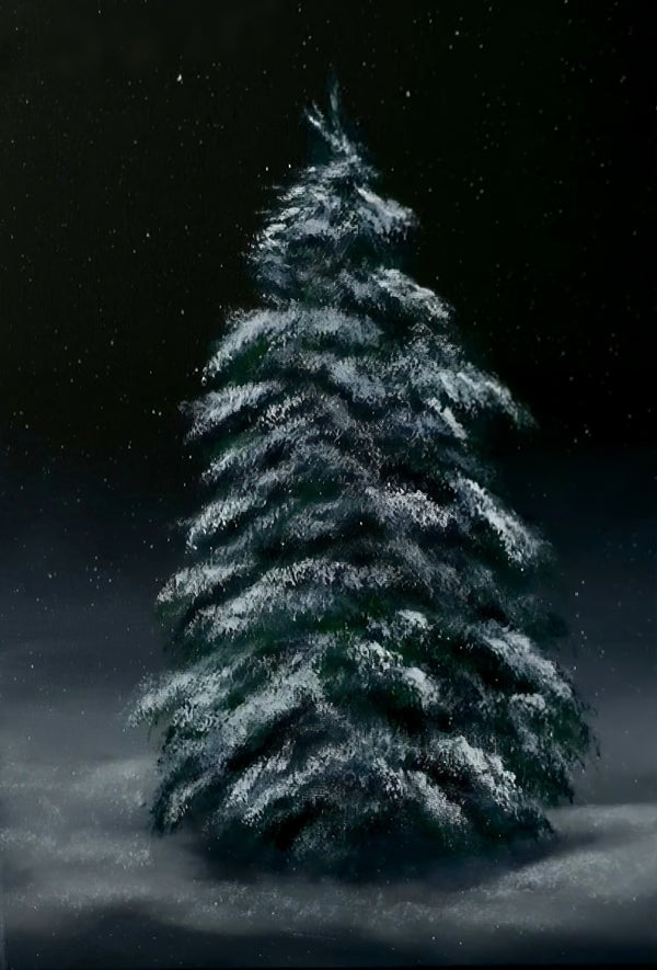 A large vertical painting of a christmas tree 