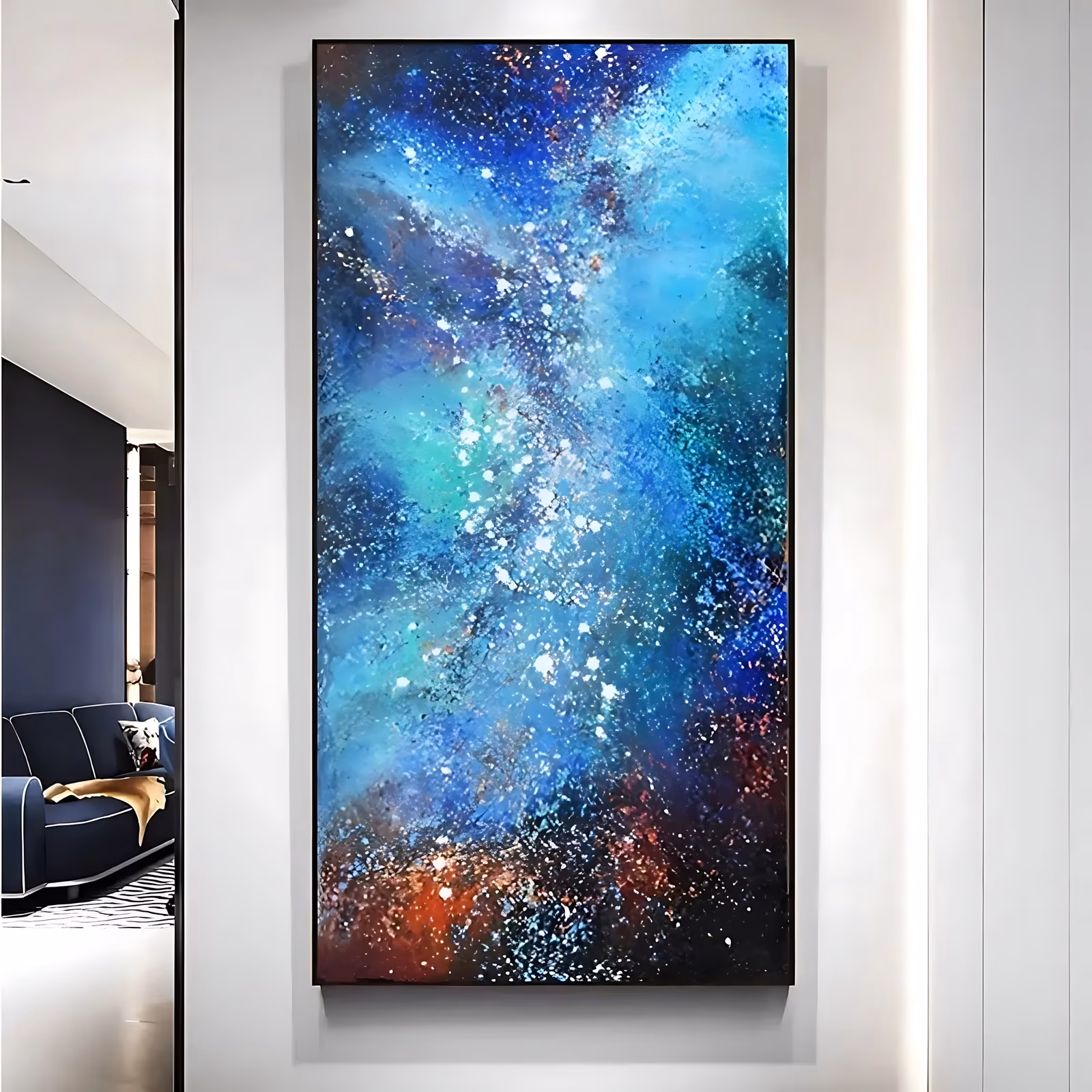 a large vertical abstract painting of a galaxy nebula, clouds of cobalt and turquoise opening at the center with white star spatter through them and rust red glowing at the base, in acrylic