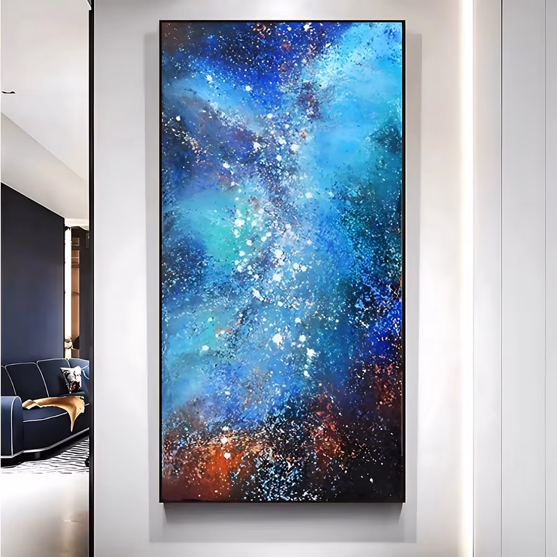 a large vertical abstract painting of a galaxy nebula, clouds of cobalt and turquoise opening at the center with white star spatter through them and rust red glowing at the base, in acrylic