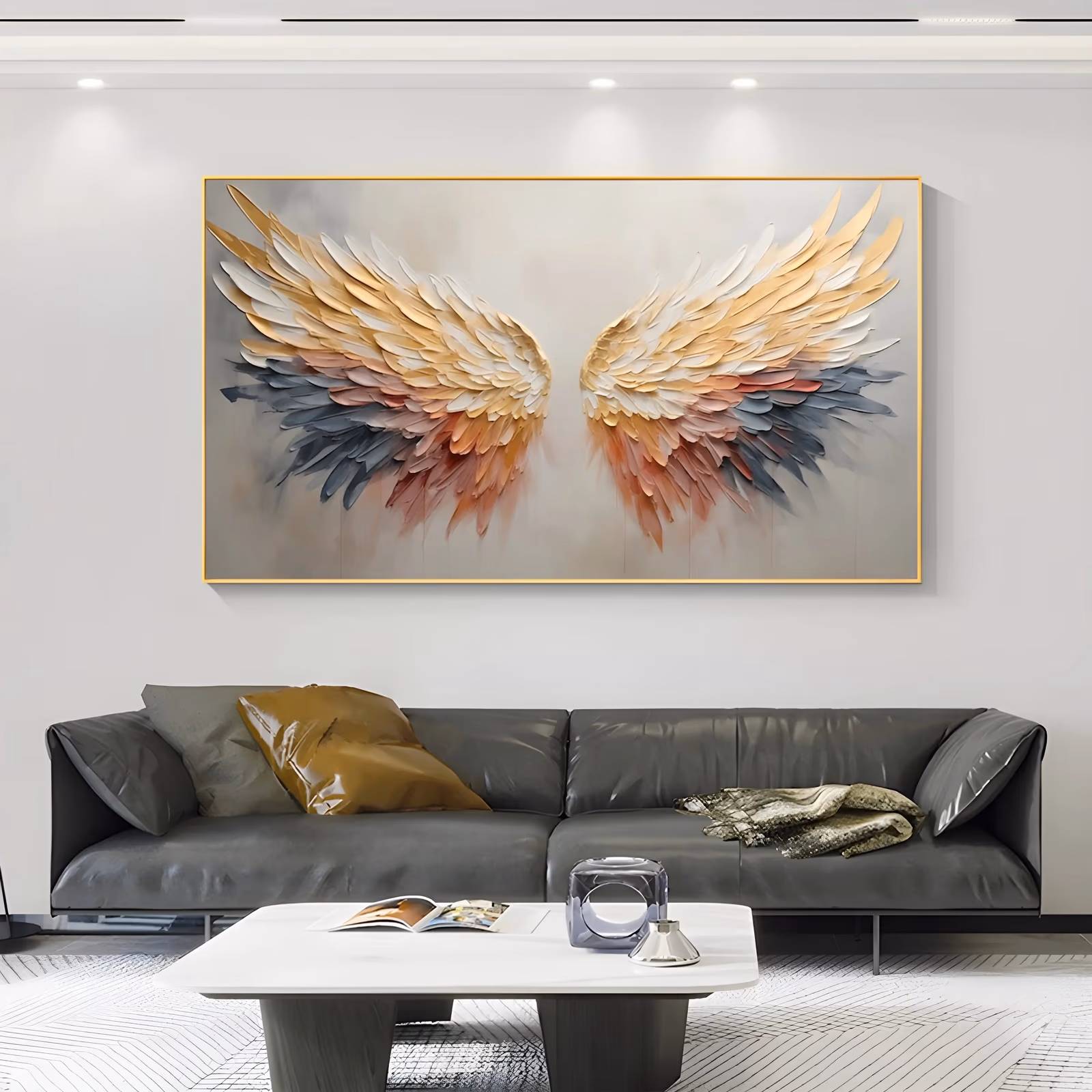 an oversized horizontal textured painting of a pair of open angel wings meeting at the center, feathers layered from gold and white at the top into peach, rust and gray-blue below, in thick relief paint