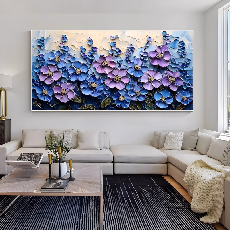 an oversized horizontal floral painting of blue and lilac blossoms with pale gold centers massed in a wide band, backed by a cream and sky-blue plaster sky, in thick sculpted relief