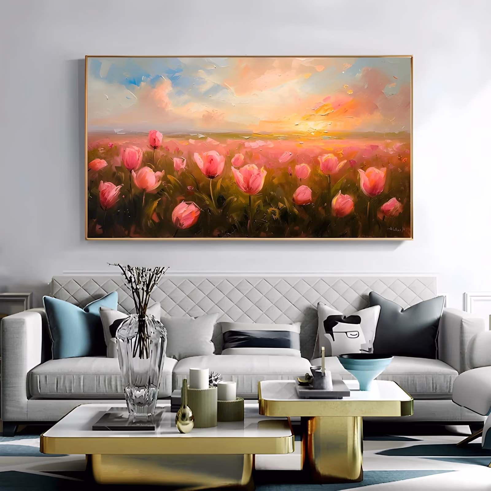 an oversized horizontal impressionist painting of a field of pink tulips running to a low horizon, under a coral, gold and pale blue sunset sky, the blooms lifted in short thick knife strokes