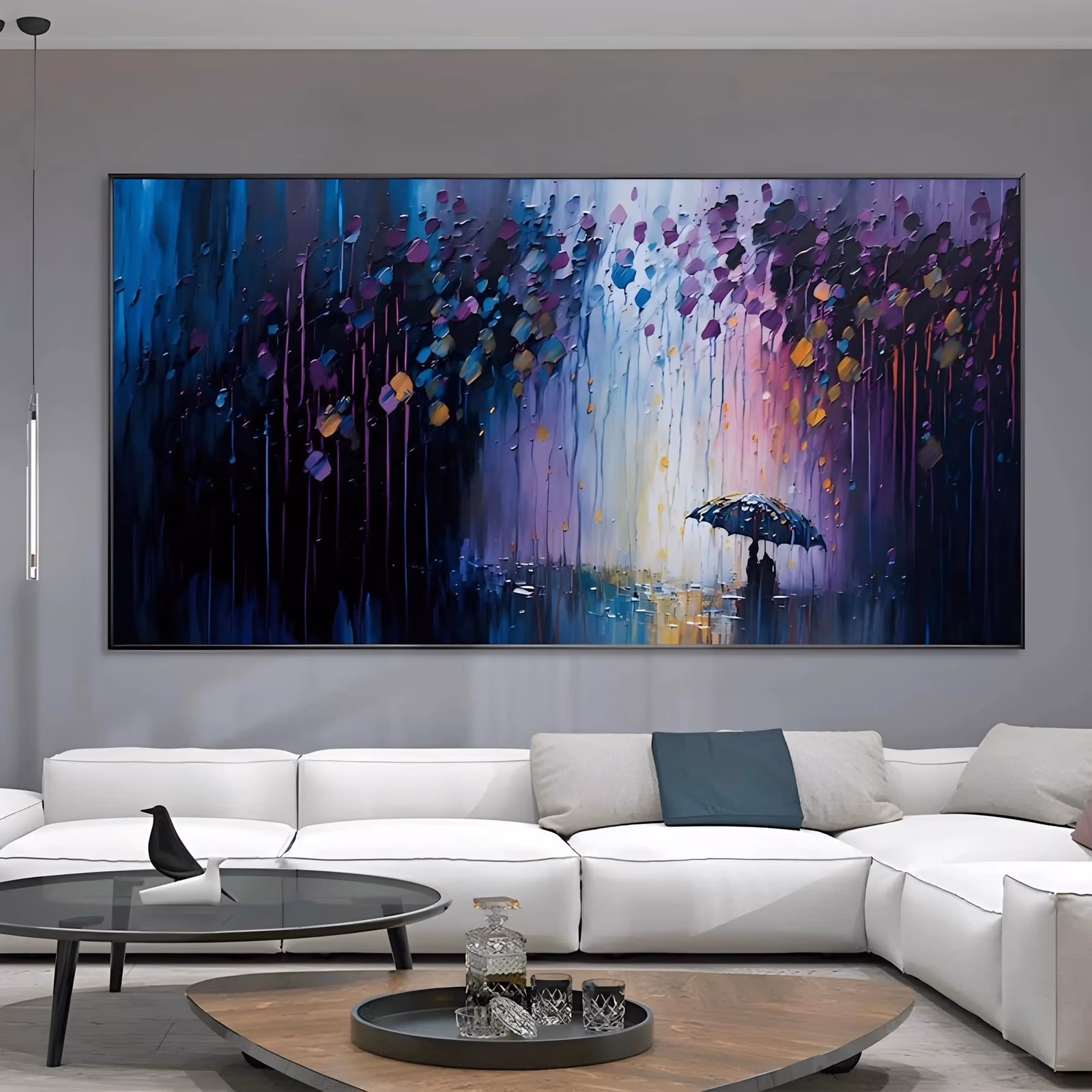 a large panoramic impressionist canvas of a single figure holding an umbrella at lower right, under long curtains of purple, blue and white paint that run down the surface, with gold knife dots above, in heavy impasto