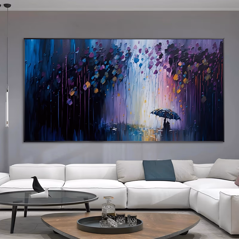 a large panoramic impressionist canvas of a single figure holding an umbrella at lower right, under long curtains of purple, blue and white paint that run down the surface, with gold knife dots above, in heavy impasto