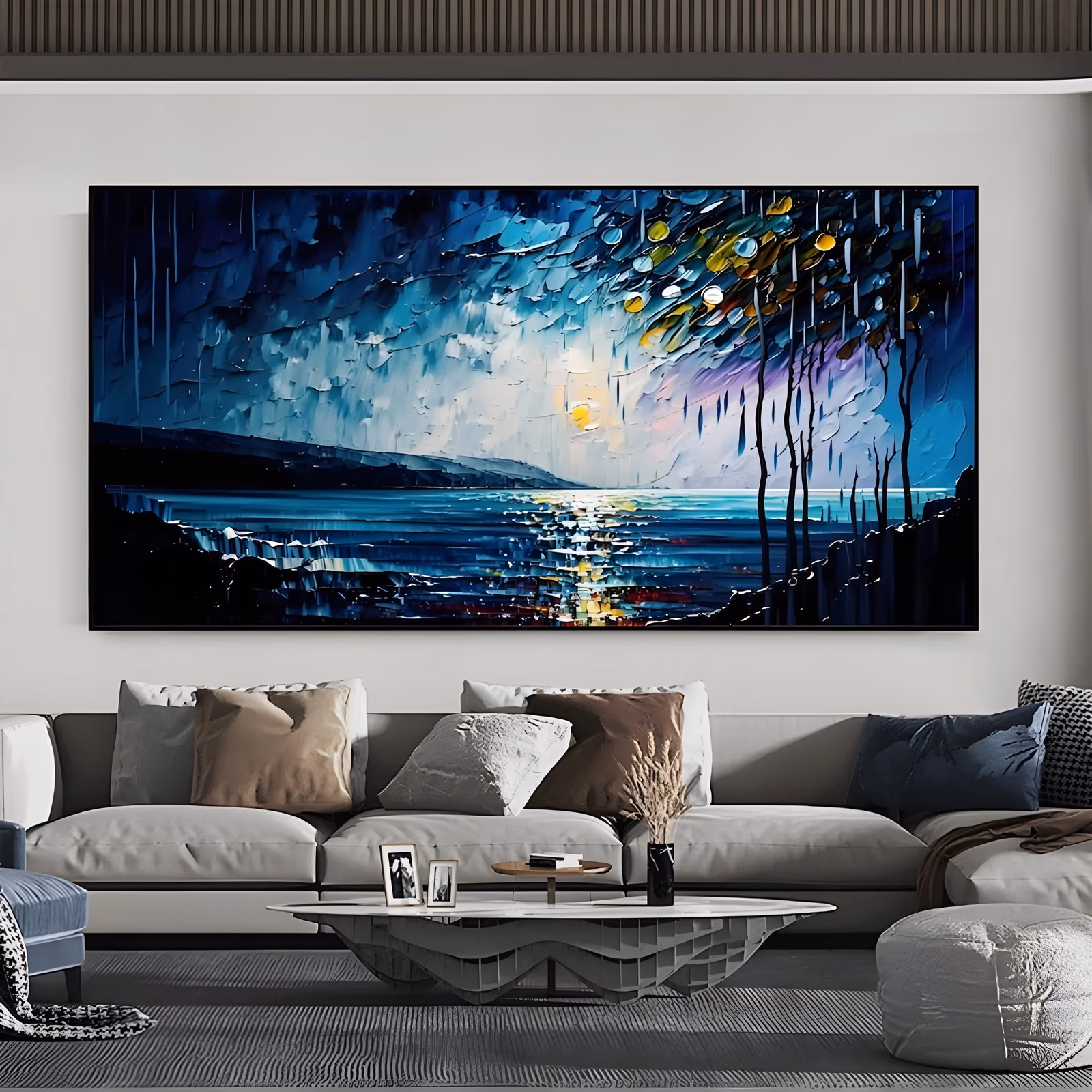 a wide panoramic impressionist painting of a pale moon over dark navy water, its light streaking down the sea, with thin bare trees and yellow leaf dabs at the right, in dripping heavy impasto