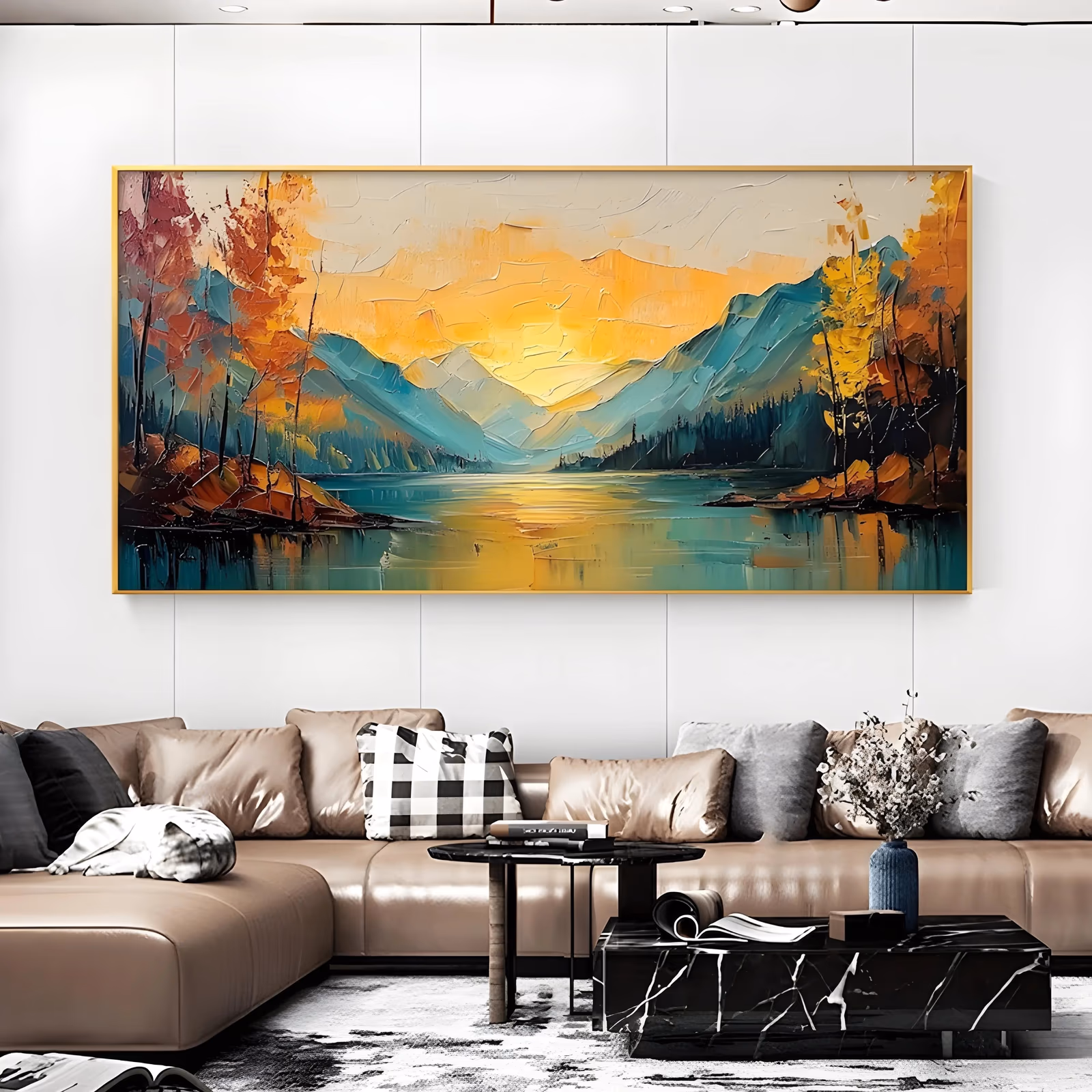 an oversized panoramic impressionist painting of a teal mountain lake at sunset, a gold sun reflection down the middle and rust-orange autumn trees on both banks, built in heavy palette-knife ridges