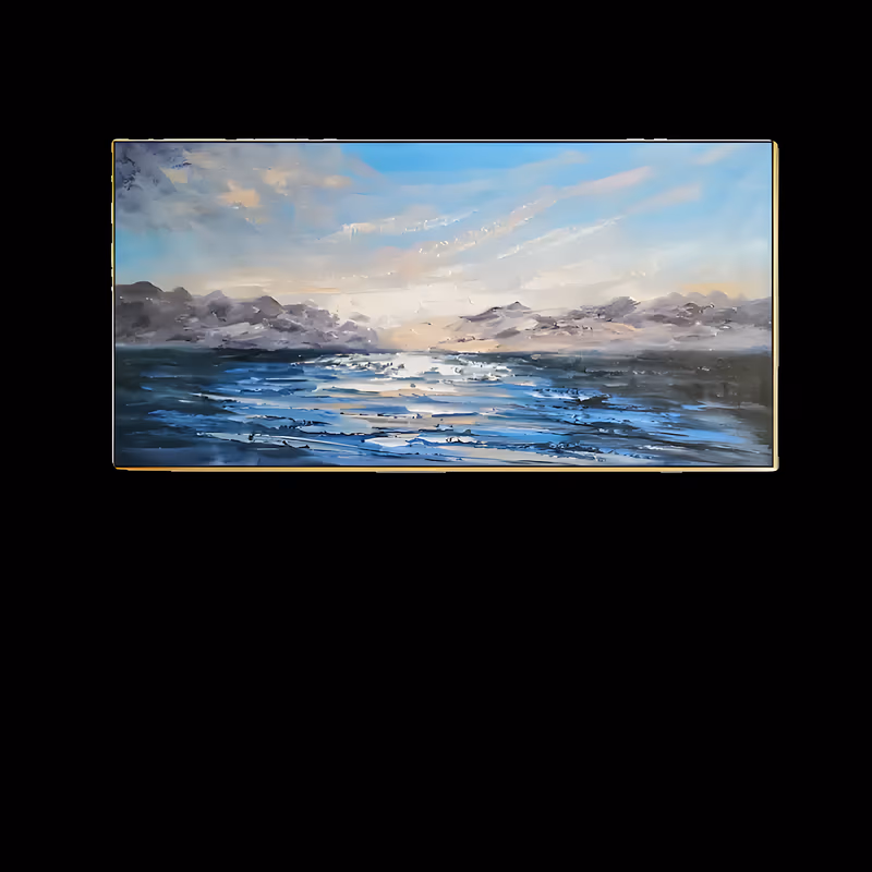 a large panoramic impressionist canvas of a sunlit sea with white surf in the middle distance, low purple-gray mountains and pale gold clouds on the horizon, in ridged palette-knife oil