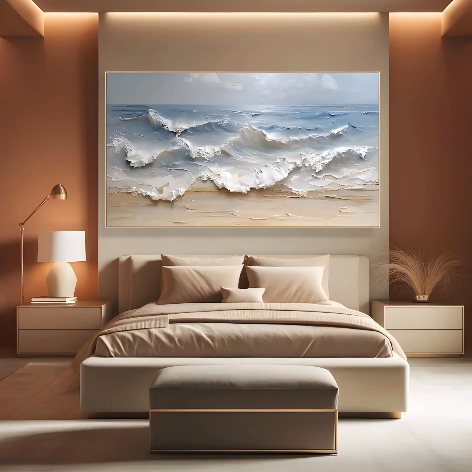 a wide horizontal textured painting of white plaster waves breaking onto beige sand in the lower third, with a flat pale blue sea and a soft grey-blue sky above, built up in thick sculpted relief