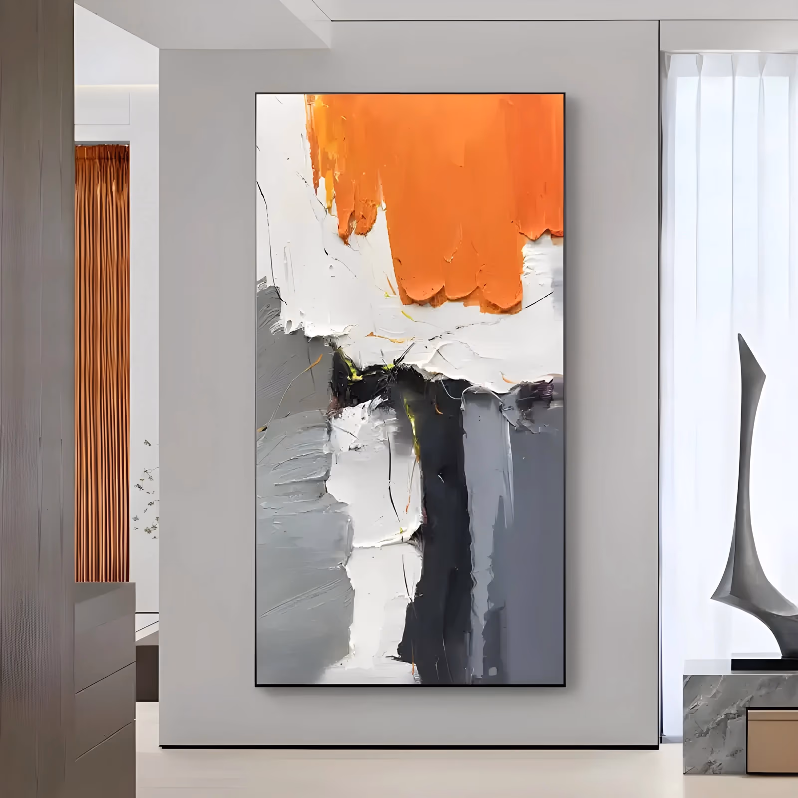 a tall vertical abstract painting with a band of thick orange paint at the top, ridged white and gray knife fields below and a dark charcoal column down the center, built in heavy palette-knife impasto