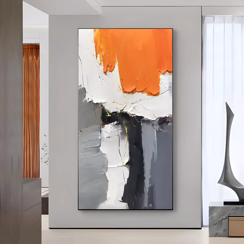 a tall vertical abstract painting with a band of thick orange paint at the top, ridged white and gray knife fields below and a dark charcoal column down the center, built in heavy palette-knife impasto