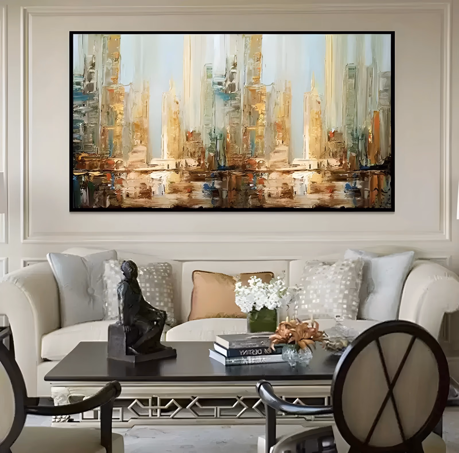 an oversized horizontal impressionist painting of a crowded skyline of skyscrapers in beige, gold, teal and brown, their shapes broken into vertical knife strokes above a band of water reflections, in heavy impasto