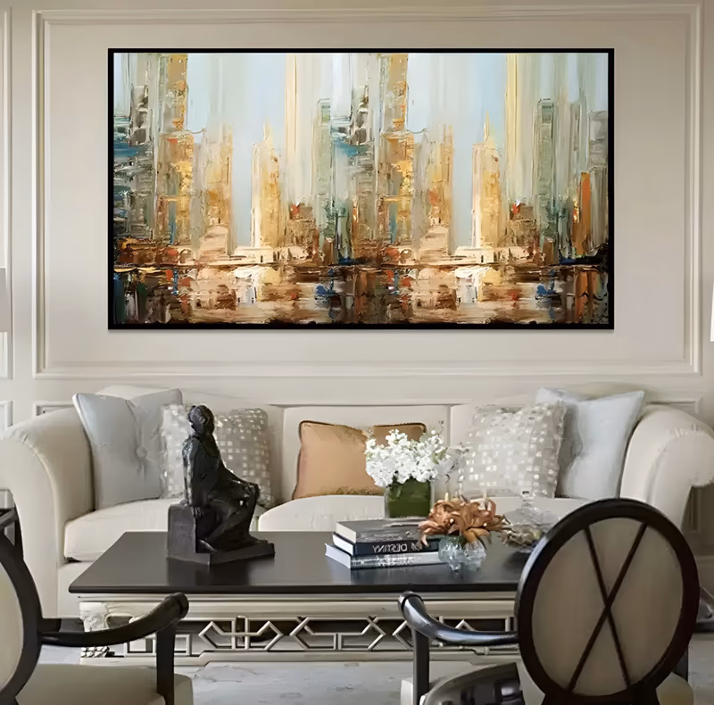 an oversized horizontal impressionist painting of a crowded skyline of skyscrapers in beige, gold, teal and brown, their shapes broken into vertical knife strokes above a band of water reflections, in heavy impasto