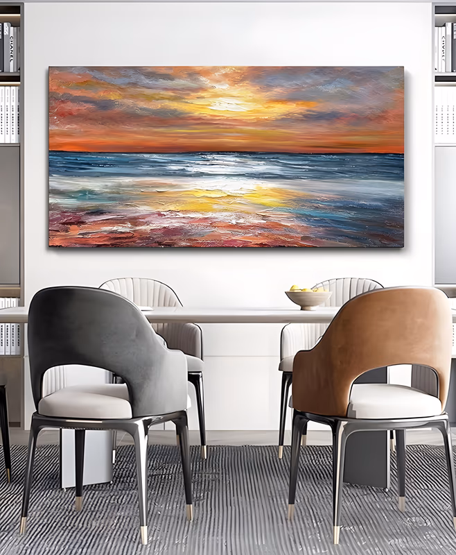 a wide panoramic impressionist painting of the sun low over the sea, with burnt orange and gray clouds above, a deep blue swell in the middle and a warm rust and yellow shoreline below, in palette-knife oil
