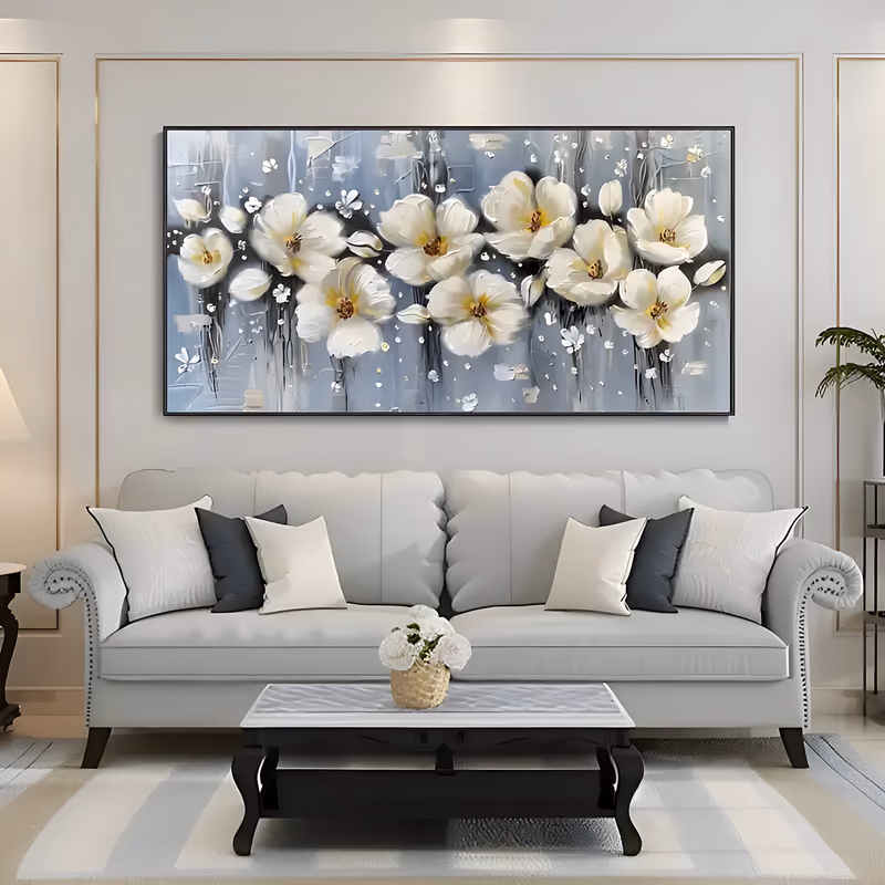 an oversized horizontal textured painting of a row of large white blossoms with yellow-brown centers spread along the middle of a blue-gray ground streaked with pale drips, in thick knife-worked paint