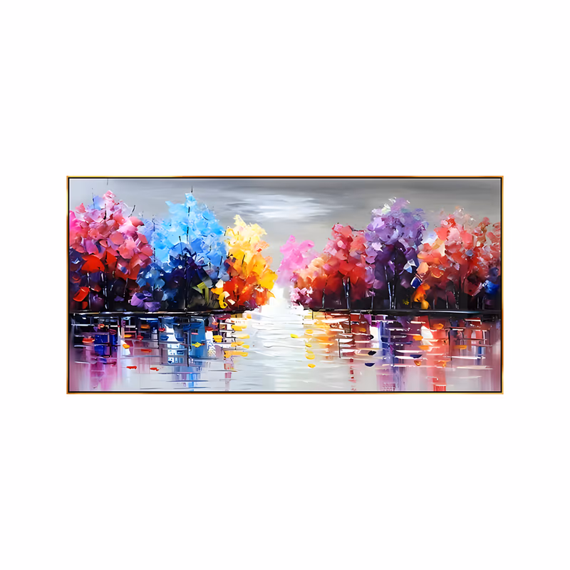 an oversized horizontal impressionist canvas of red, pink, blue and purple trees lining both sides of a still lake, their colors repeated in broken reflections on white water under a gray sky, in thick knife-laid paint