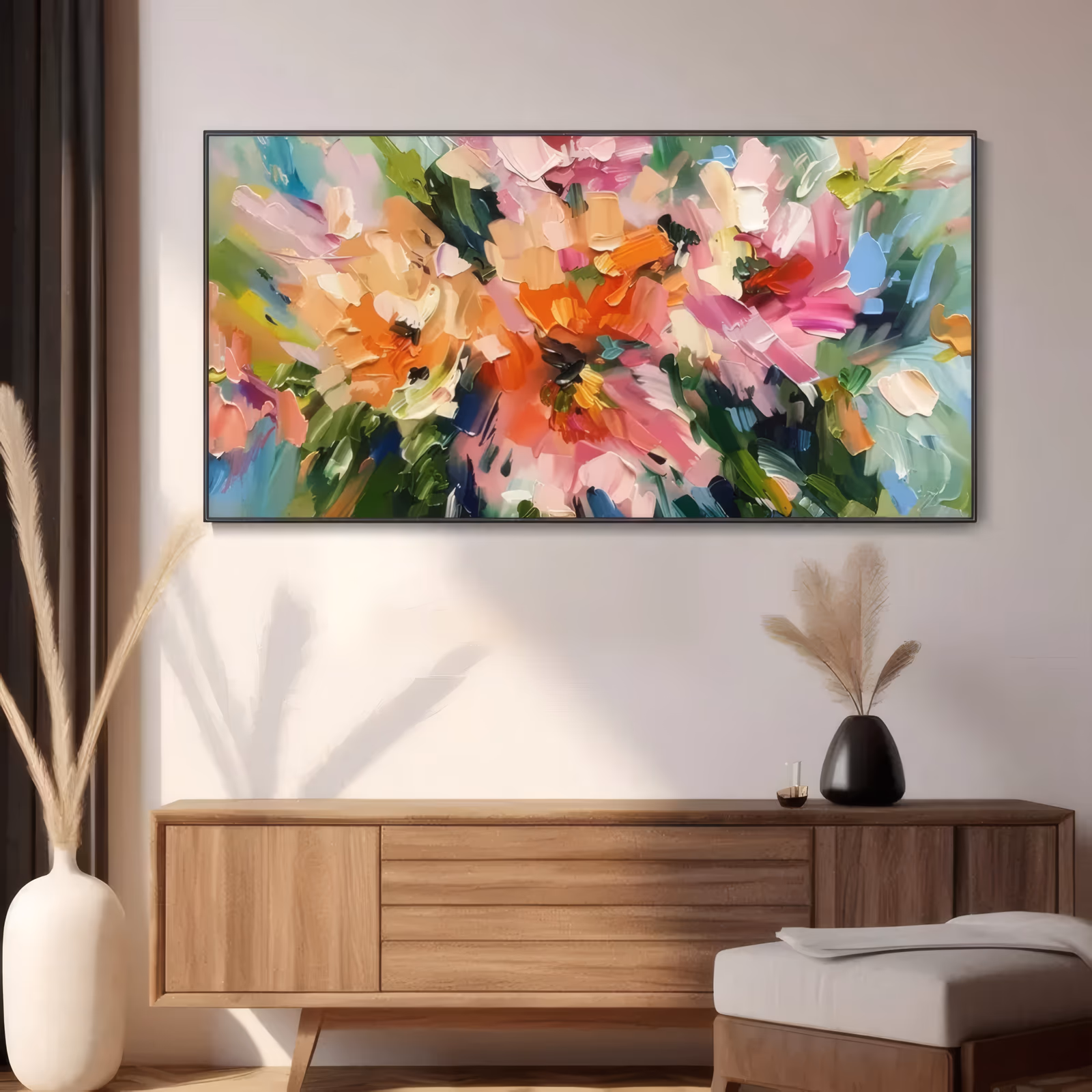 a panoramic horizontal floral painting of orange, coral and pink blooms with cream and pale blue petals, banked along the center over dark green leaves, all in broad slab-like knife strokes