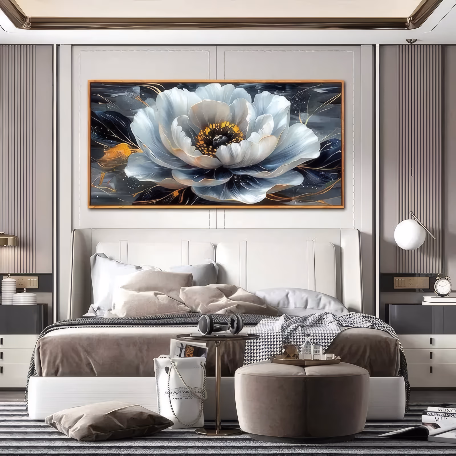 a wide horizontal floral painting of one open peony in white and blue-gray filling the center, with gold stamens, thin gold line work and a small gold bird at left on a dark navy ground in smooth oil