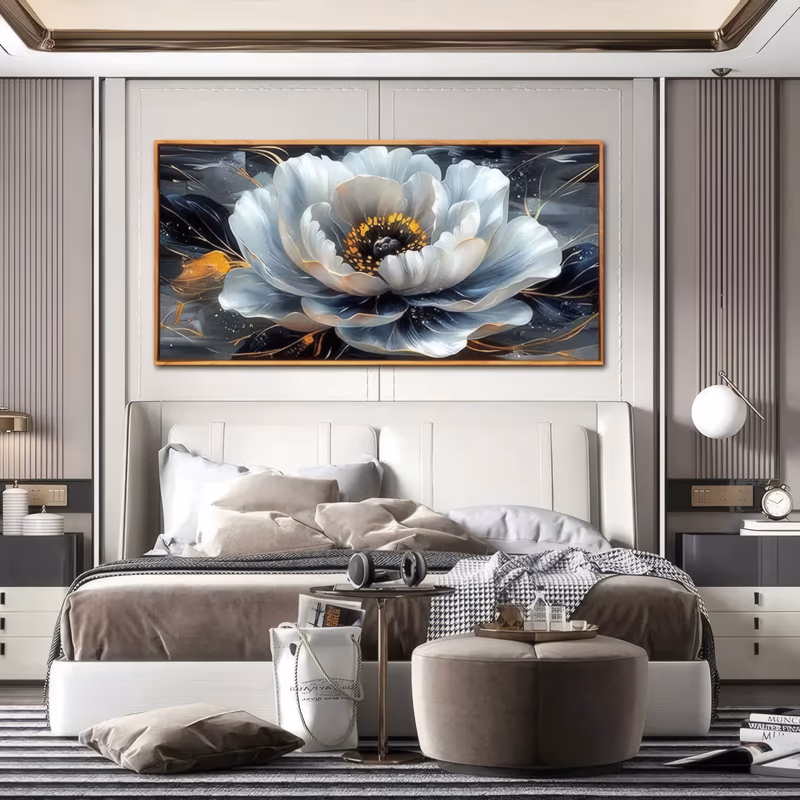 a wide horizontal floral painting of one open peony in white and blue-gray filling the center, with gold stamens, thin gold line work and a small gold bird at left on a dark navy ground in smooth oil
