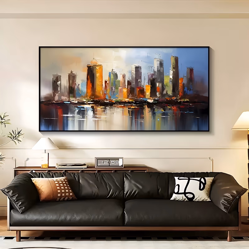 a panoramic impressionist cityscape canvas of a row of skyscrapers in orange, blue, brown, and yellow under a pale cream and blue sky, their colors streaked into the water below, in thick palette-knife acrylic