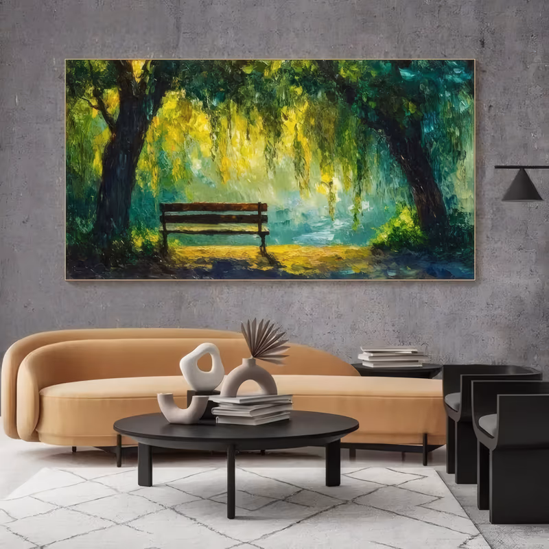 a wide horizontal impressionist painting of a weathered park bench under weeping willows, dappled yellow and emerald light on the grass and a pale path behind, in thick palette-knife acrylic